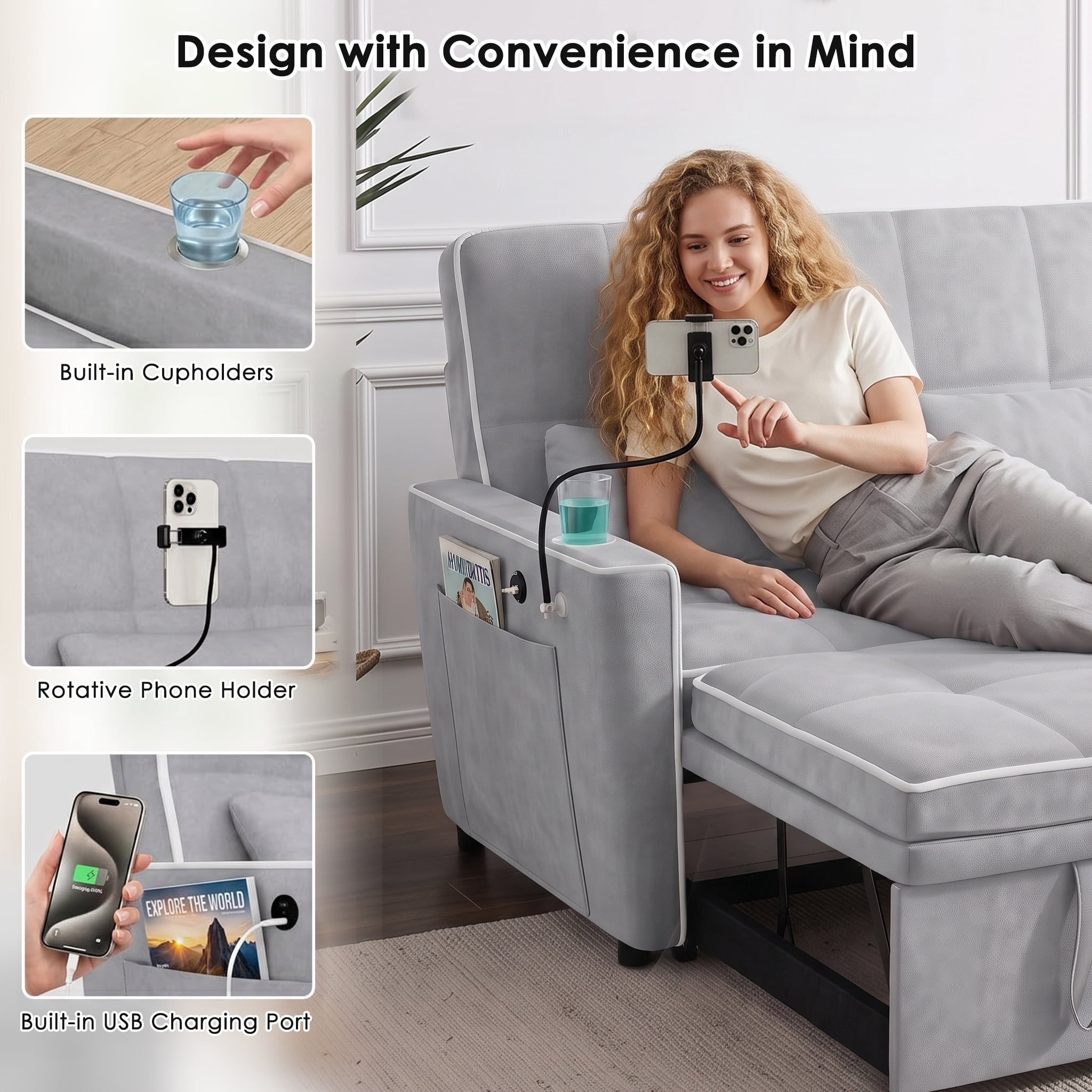 AISWORD 54" Convertible Sleeper Sofa Bed, Pull Out Loveseat Couch with USB Port, Phone Holder & Cup Holder, Adjustable Backrest for Apartment, Living Room, Office, Light Gray
