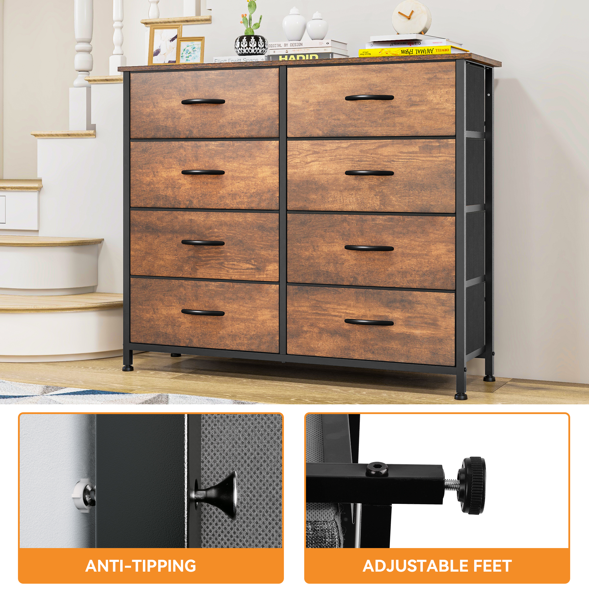 Uforic 8-Drawer Dresser Storage Cabinet Bedroom Organizer For Living Room,Hallway,Durable Steel Frame, Wooden Top