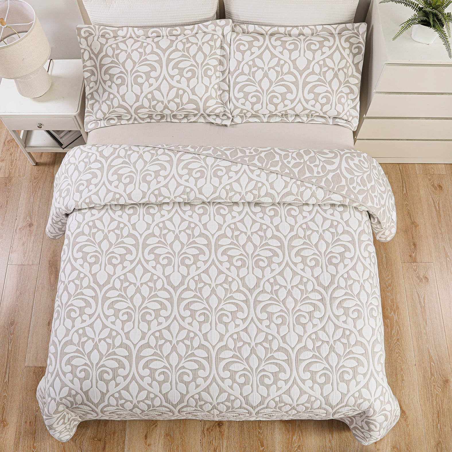 Couvre-lit brodé en jacquard Marina Decoration, couvre-lit ultra doux, parure de lit réversible d'été avec taies d'oreiller matelassées, motif de feuilles grises