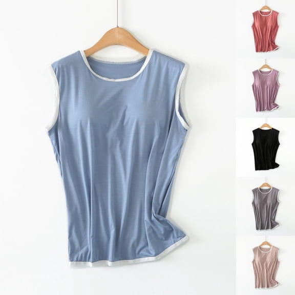 YHAJDS Women Built In Bra Tank Tops Solid Color Round Neck Sleeveless Bralette Top For Casual Wear In Warm Weather