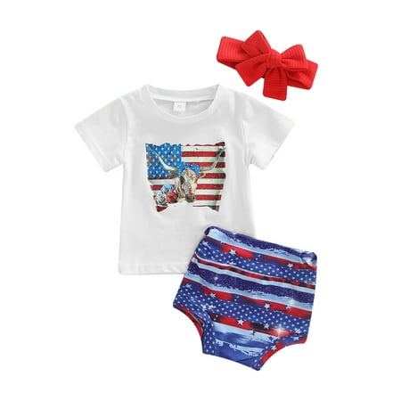 

IZhansean Independence Days Summer Baby Girls 3pcs Clothes Cartoon Printed T Shirts+Striped Star Shorts Sets Blue 18-24 Months