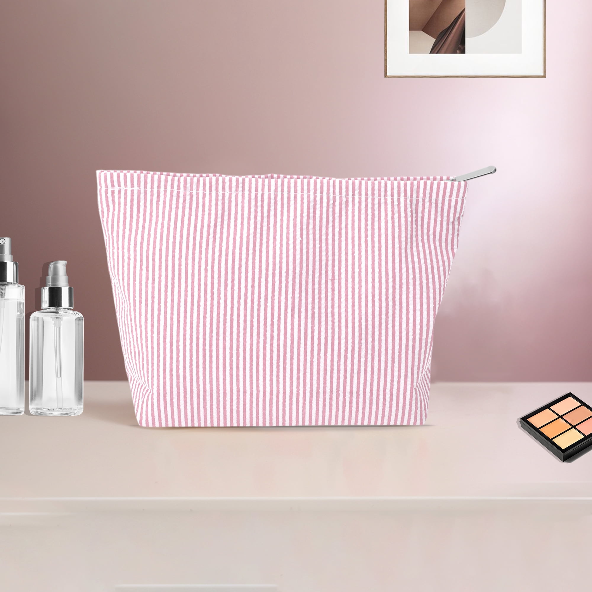 Unique Bargains 1 Pc Seersucker Stripes Makeup Bag White, Pink