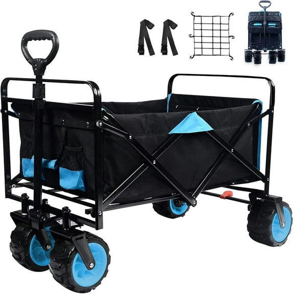 Fishing Cart 7'' Big All-Terrain Wheels Wagon Cart Foldable Collapsible Wagon Cart with Wheels,Cup Holders, Adjustable Handle, Beach Wagon for Camping, Shopping, Garden,Sports, Black Blue