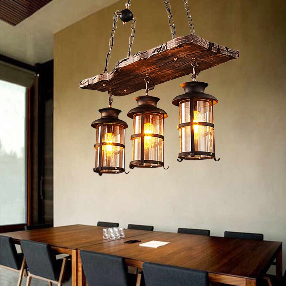 3-Light Farmhouse Loft Rustic Chandelier Wood Pendant Ceiling Light Fixture Lamp