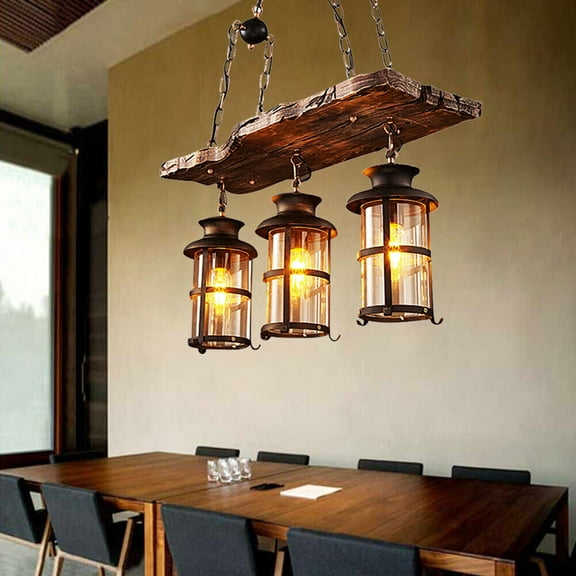 3-Light Farmhouse 110v Loft Rustic Chandelier Wood Pendant Ceiling Light Fixture Lamp Antique Country Chandelier