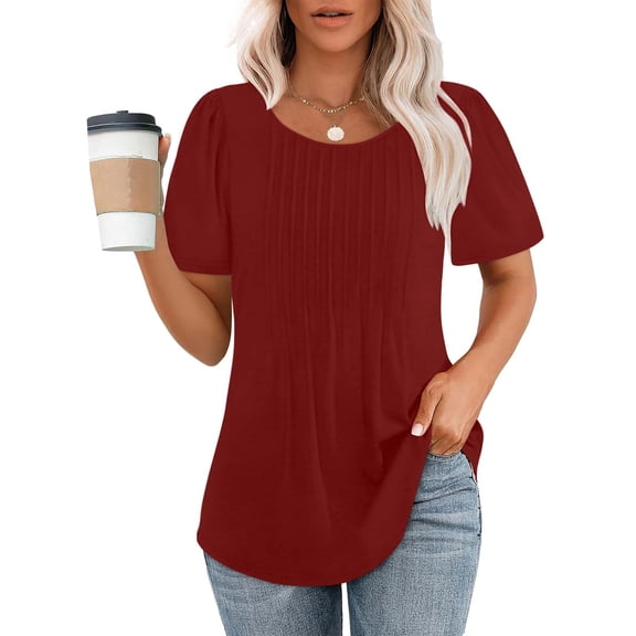 Timegard Tops for Women Summer Scoop Neck Pleated Ruched Short Sleeve Tunic Tops Dressy Casual Blouse