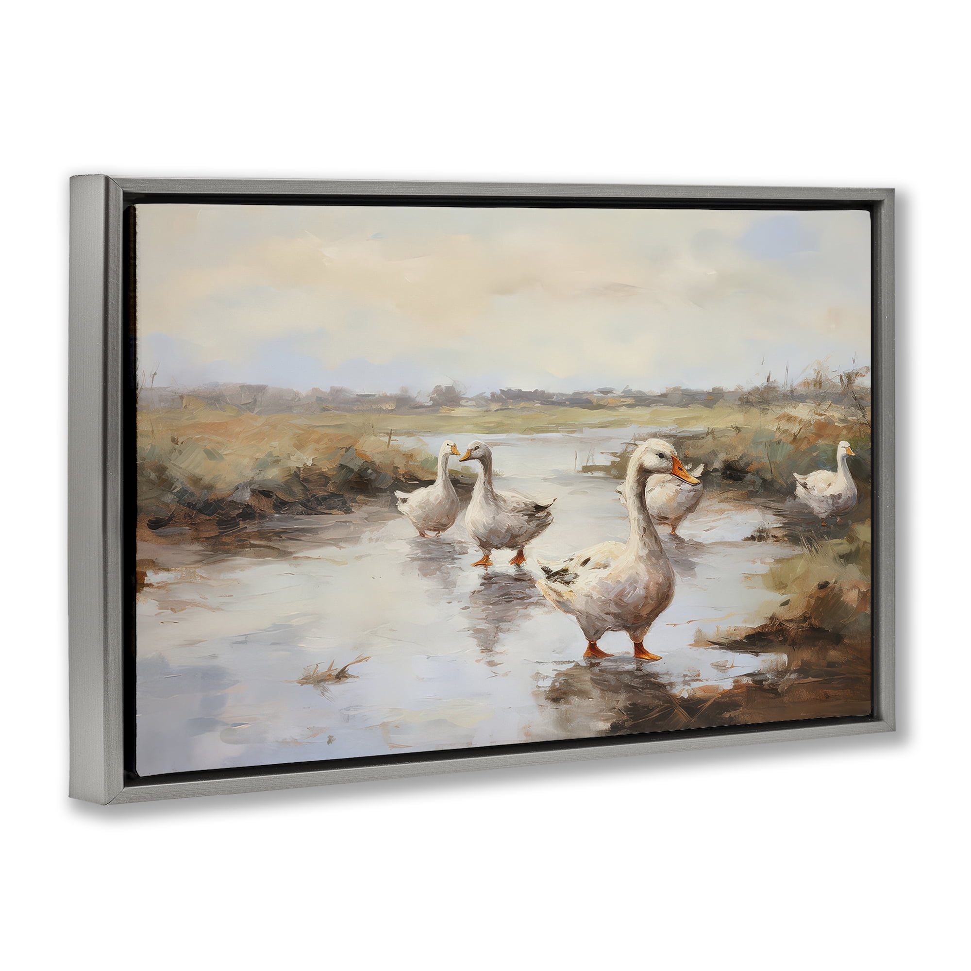 Stupell Industries Swan Family Traditional Pond Landscape & Nature Painting Gray Floater Framed Canvas Art Print Wall Art, 25 x 17