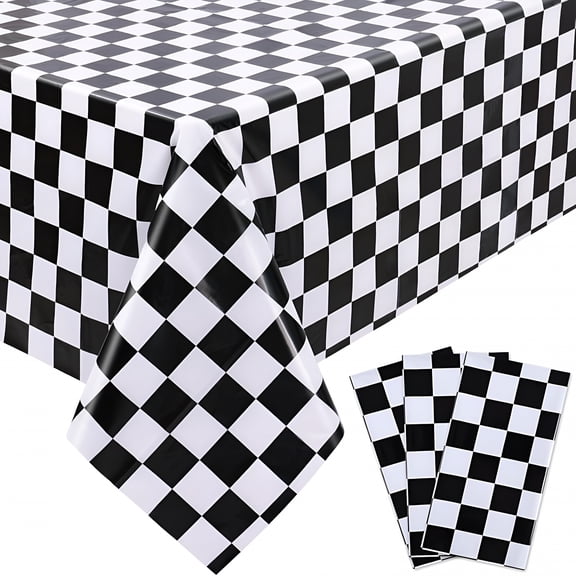 AUQ 3 Packs Black And White Checkered Tablecloths 54 X 108 in Disposable Plastic Checkered Flag Racing Table Cover Waterproof Rectangle Race Car Table Cloth for Picnic Party Retro Celebration