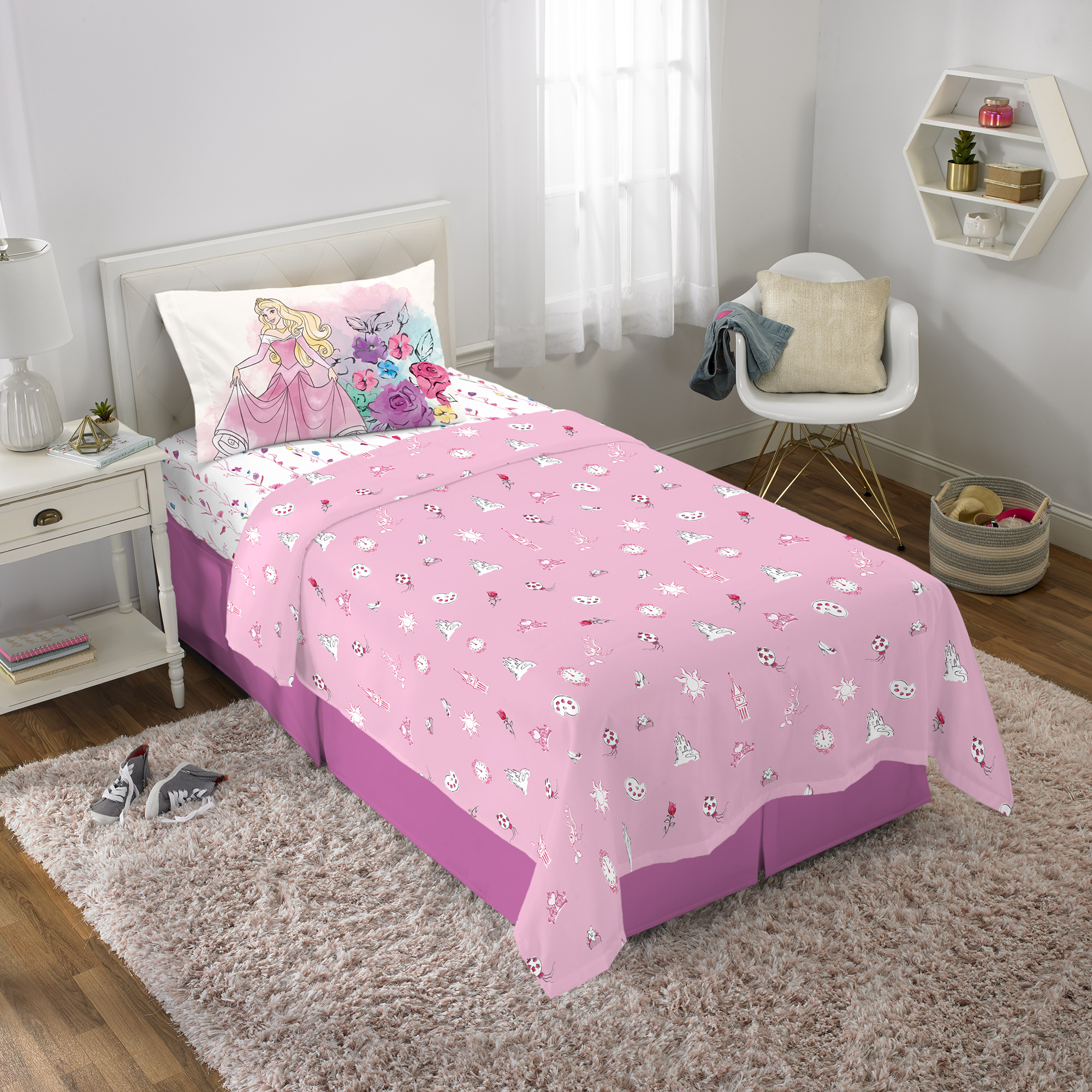 Disney Princess Kids Twin Sheet Set, Pink and White