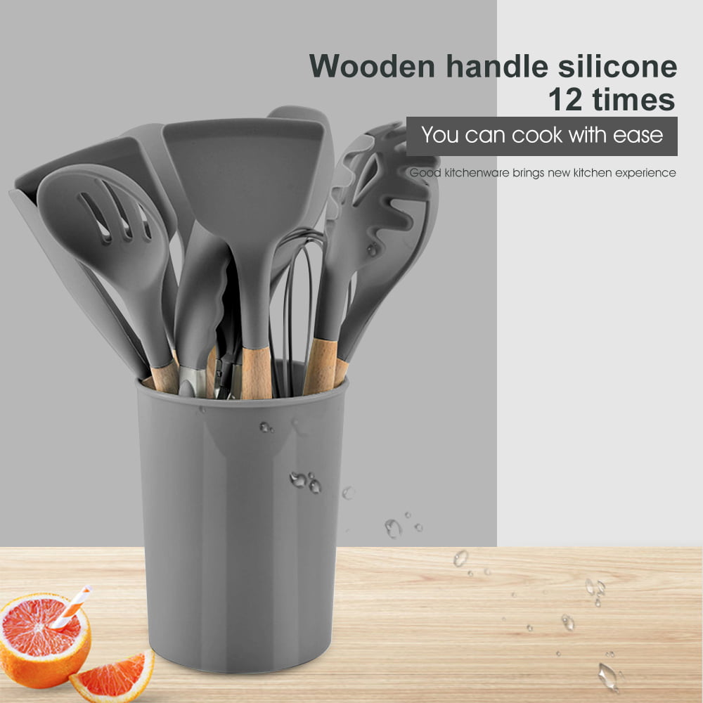 Silicone Cooking Utensil Set, Non-Stick Kitchen Utensils Set Wooden Handle, Heat Resistant, Khaki DGPCT