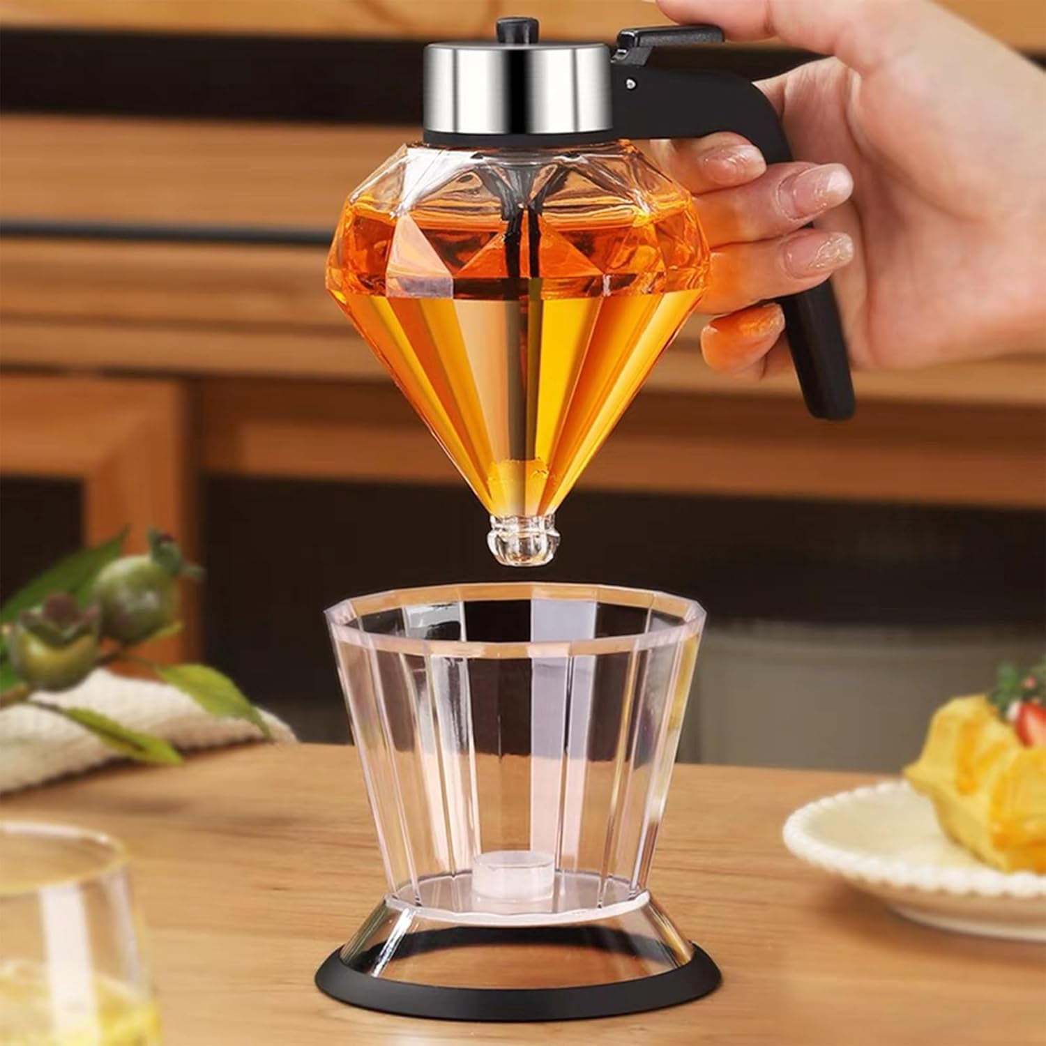 Glass Honey Dispenser: 200ML No Drip Honey Dispenser with Stand, Maple Syrup Dispenser, Honey Jar Container Holder Dispenser, Honey Squeeze Bottle Honey Pot for Coffee or Tea