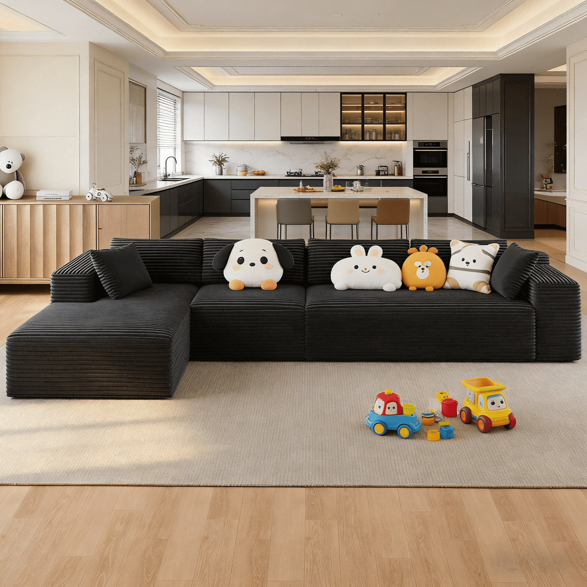 Sofa, Lofka 134" Free Assembly L‑Shaped Sectional with Pet Friendly Corduroy Fabric, Black Left Chaise with Detachable Chair for Living Room, DIY U‑Shaped Combination
