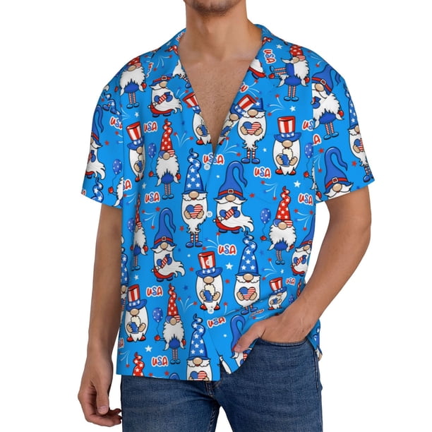 Balery Gnomes in USA Camisa Casual de Manga Corta con Botones para Hombre, Texturizada, Estilo Cubano, para Playa, Verano-Large