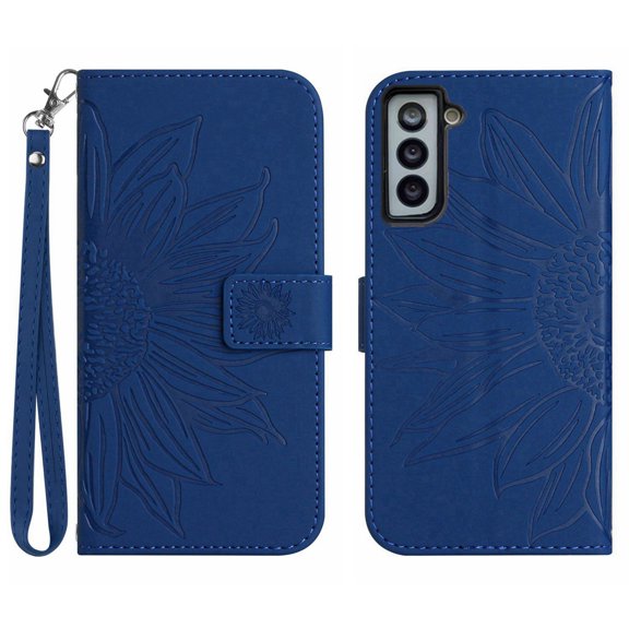 Mantto for Samsung Galaxy S22 6.1 inch Wallet Case with Wrist Strap,Stylish Sunflower Embossed PU Leather Shockproof Protective Magnetic Flip Stand Card Slots Protective Phone Cover,Darkblue