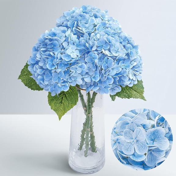 Lyacmy 3 Pcs Real Touch Hydrangea Artificial Flowers, 21" Blue Fake Latex Hydrangea with Stems Leaves Full Hydrangea Flowers Heads Home Decor