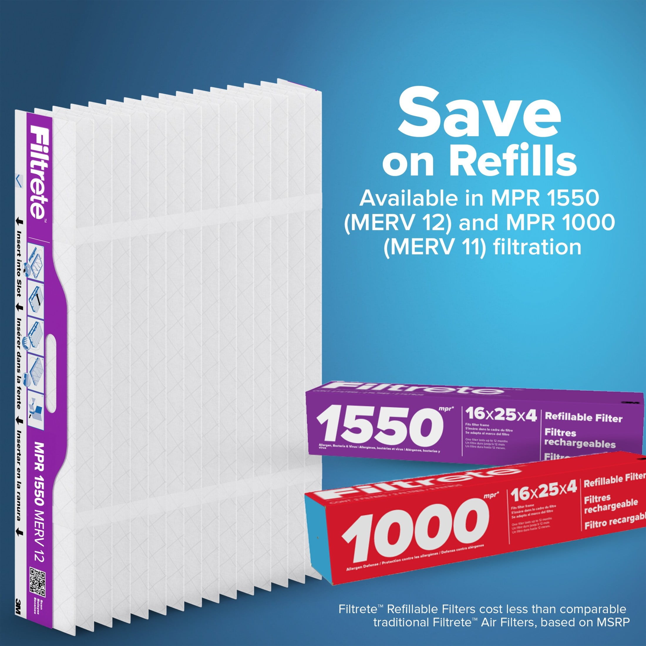 Filtrete 16x25x4 Replacement Air Filters, MPR 1550 MERV 12, Ultra Allergen Reduction, 2 Pack
