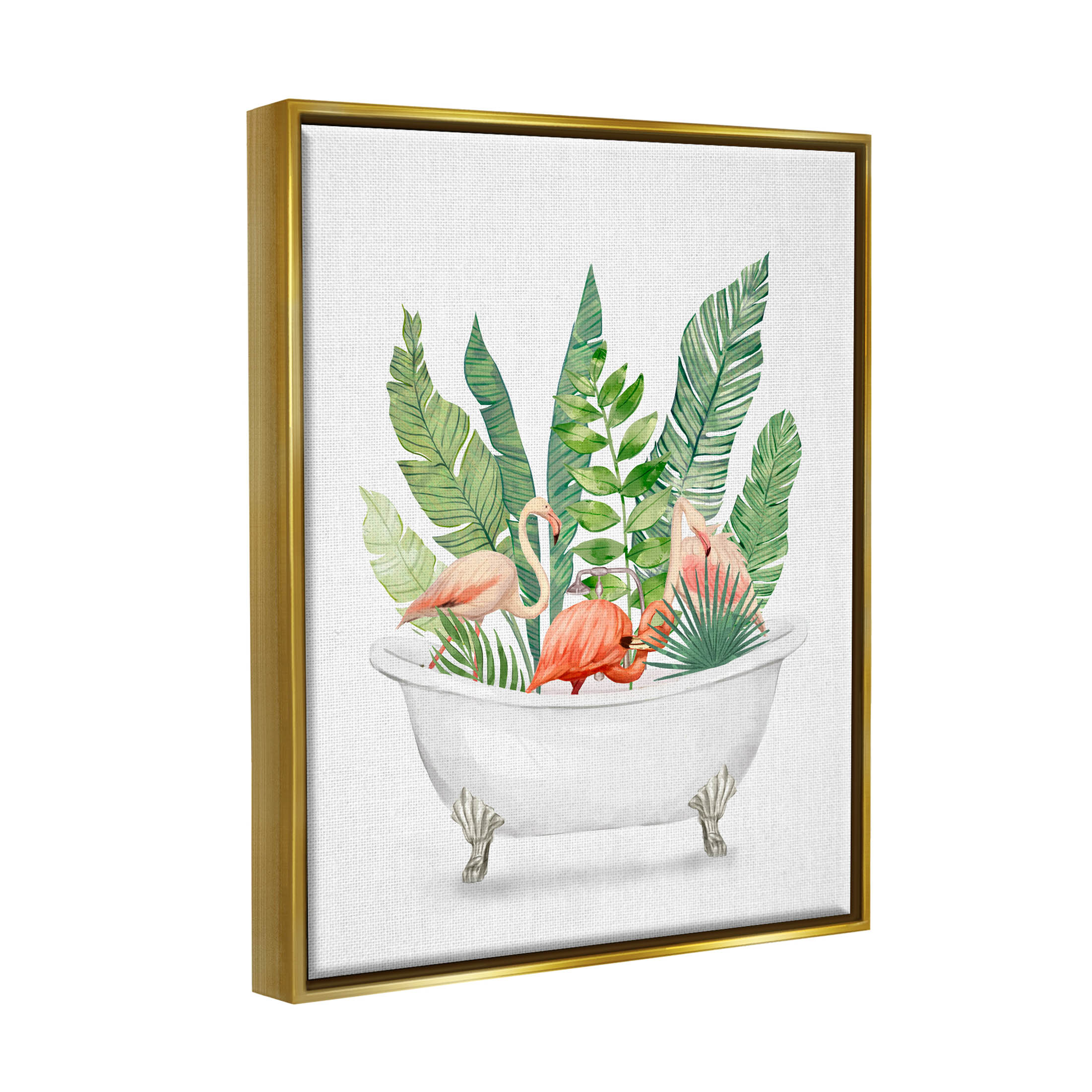 Stupell Industries Tropical Flamingoes Bathtub Plants Graphic Art Metallic Gold Floating Framed Canvas Print Wall Art, Design by Ziwei Li