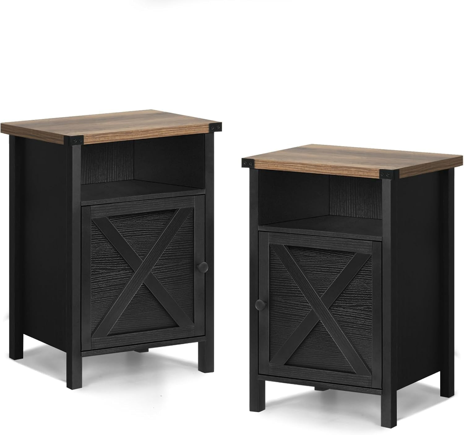 4 EVER WINNER Industrial Barn Door Side Table Set of 2, Black End Table with Barn Door Storage, Bedside Table for Bedroom Living Room