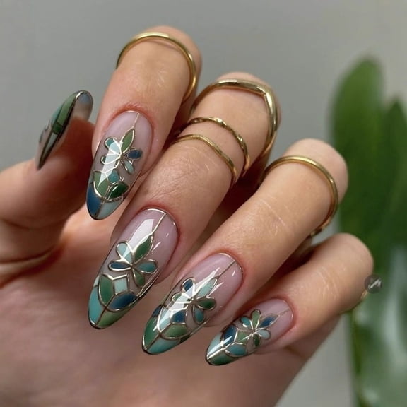 AoVoTo 24Pcs Embossed Almond Press on Nails Full Cover Acrylic False Nails Colorful 3D Relief Nail Art Press-on Nails for Women Daily Wear Party Wedding