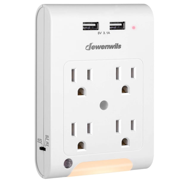 Extensor de enchufe DEWENWILS de 4 salidas con 2 puertos USB de 3,1 A, color blanco