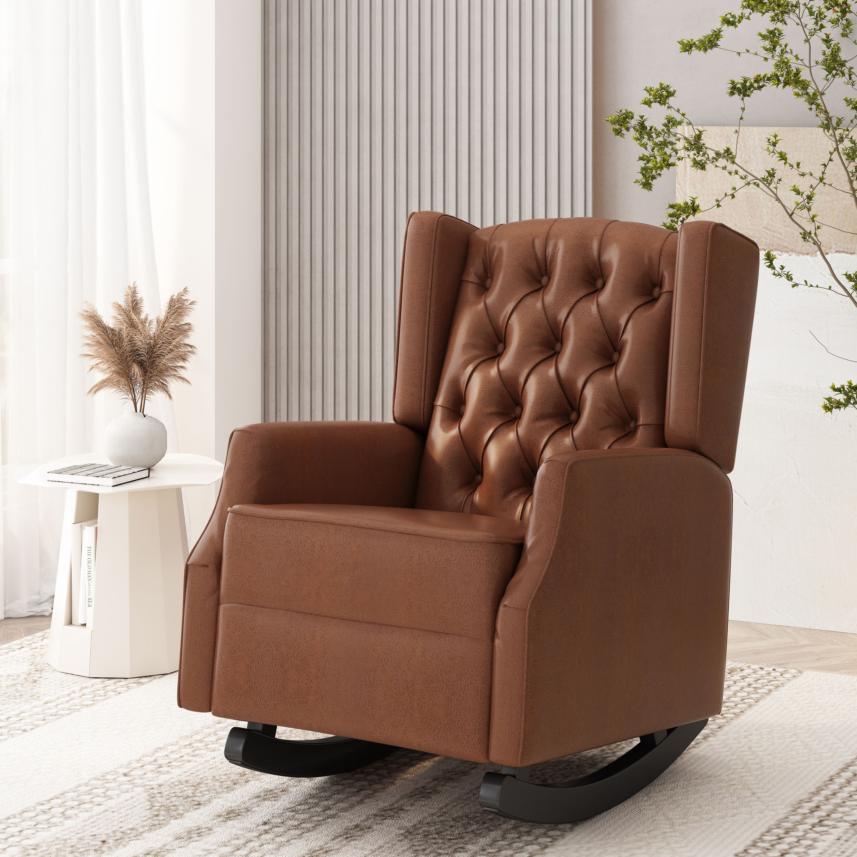 FFZ Rocking Chair Nursery Wingback Solid Wood Frame Armchair Living Room Bedroom