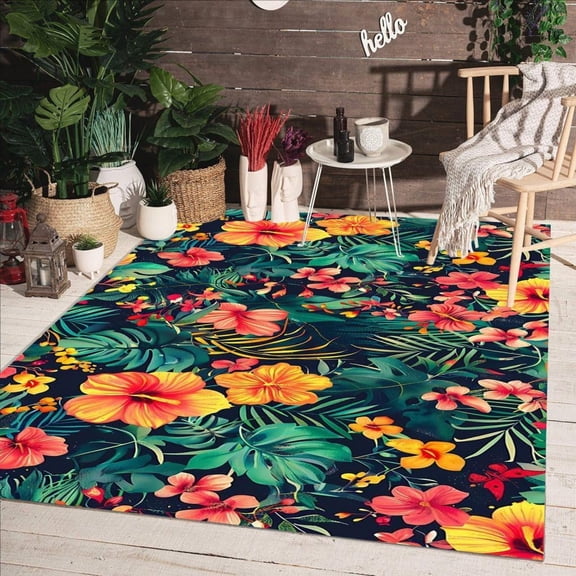 Tropical Florals Leaves Print Pattern Outdoor Rug For Deck Porch Patio Balcony Waterproof Washable Outside Area Rugs In Camping Backyard Garden Visual Vibrant Modern Carpet 4x5ft