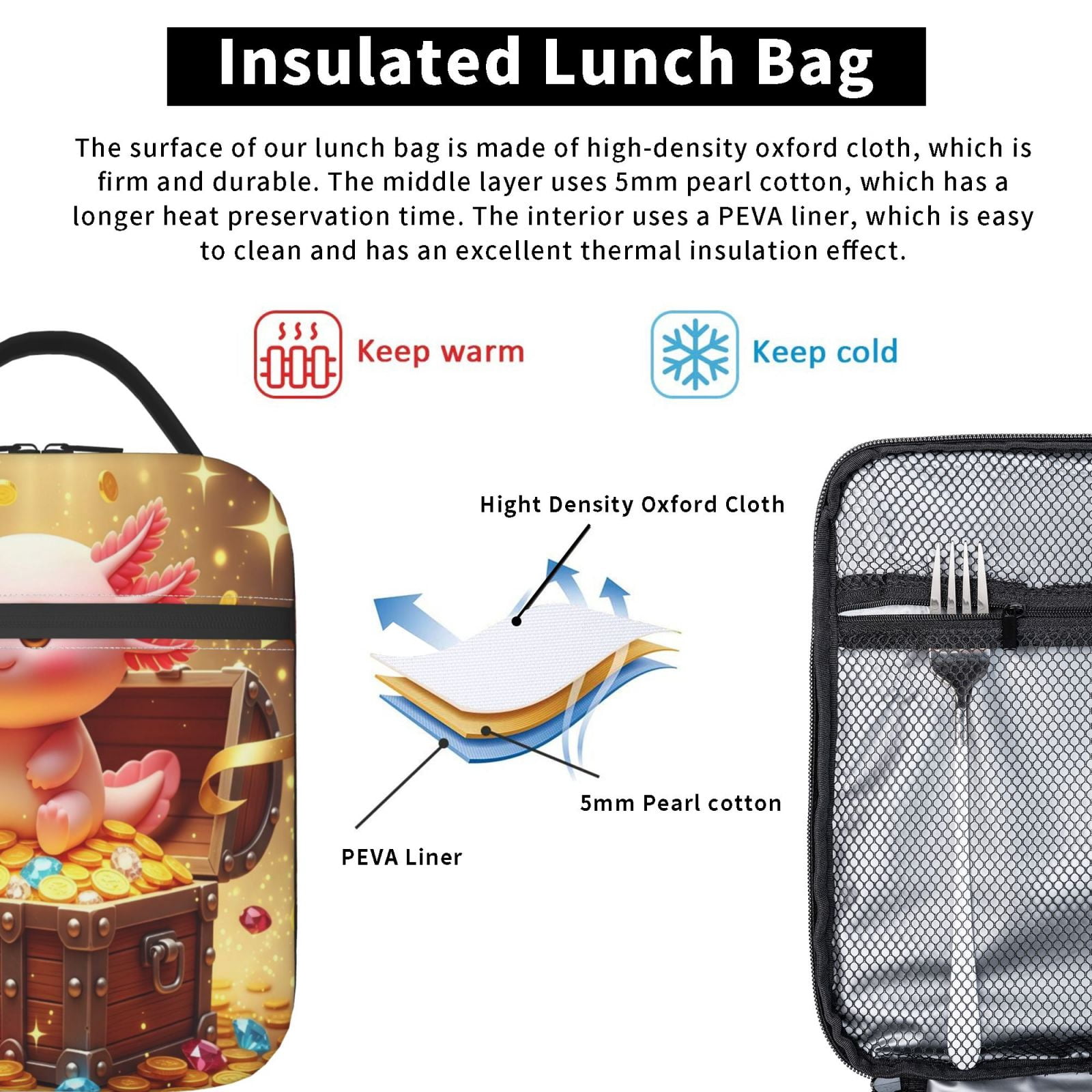 Lunch Bag For Women Men Insulated Portable Lunch Box Bento Box Office Picnic Travel Cooler Bag Cute Cartoon Axolotl 5