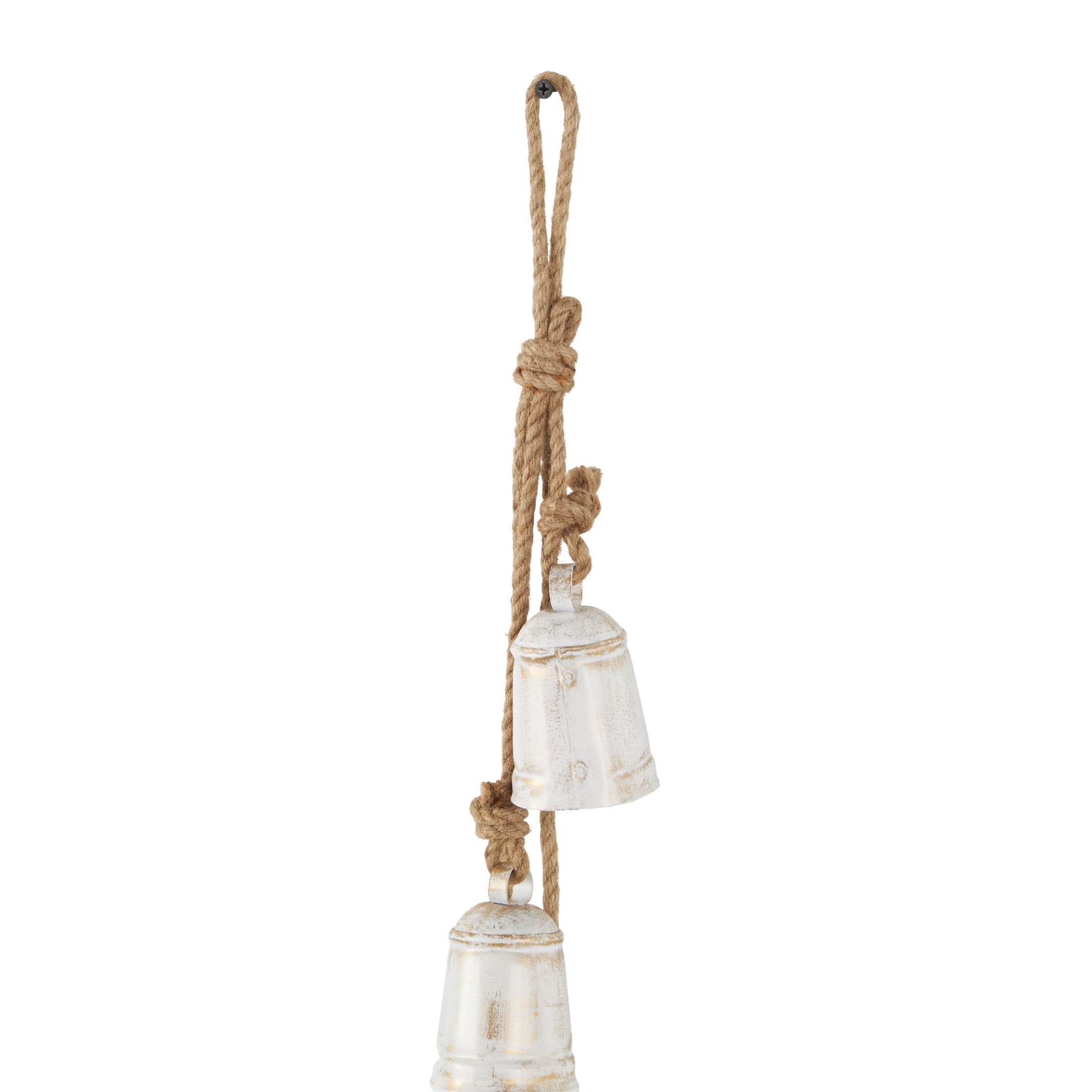 DecMode Tibetan Inspired Cascading White Metal Cylindrical Decorative Bells with 4 Bells on Jute Hanging Rope