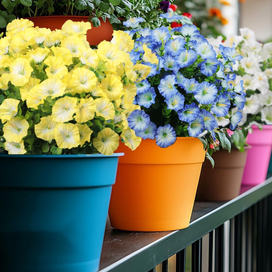 24 Bundles Artificial Morning Glory Fake Boxwood Shrubs UV Resistant No Fade Faux Greenery Plants for Indoor/Outdoor Hanging Planters, Home Garden, Porch, Patio Wedding Decor (Blue)