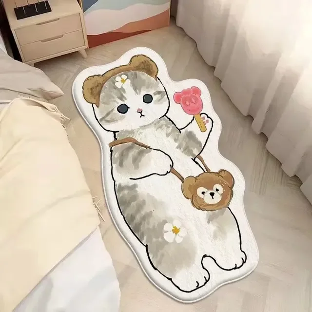 Cartoon Bedside Rug Cat Floor Mat Fluffy Cat Mats Irregular Carpet for Living Room Shaggy Area Rugs Thicken Doormat Cute Decor