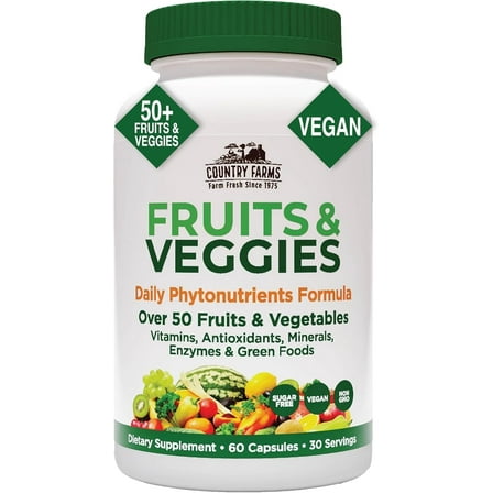 COUNTRY FARMS Super Fruits and Veggies Capsules, Whole Food Supplement, Powerful Antioxidant, Supports Energy, Immune Health, Boosts Digestive Health, 30 Super Foods, 30 Servings