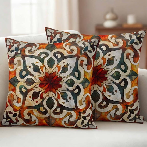 Pack of 2 Outdoor Pillow Covers 20x20 Inch Waterproof Burnt Orange Green Throw Pillow Covers,Decorative Couch Pillow Shams Protectors Vintage Abstract Flowers Patio Garden Pillowcases Cushion Covers