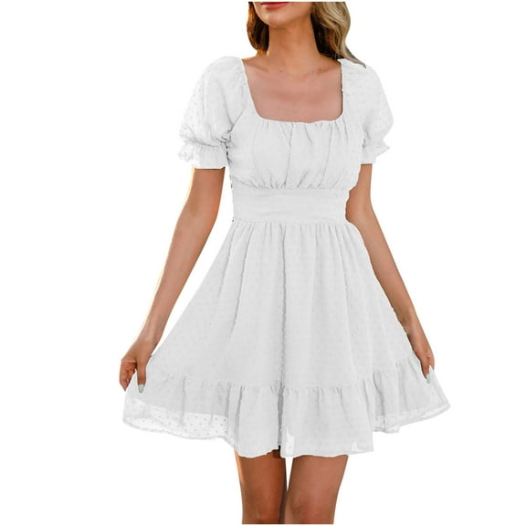 Womens Square Neck Short Sleeve Mini Dress Solid Casual Sweet Summer A-Line Ruffle Swing Beach Short Dresses