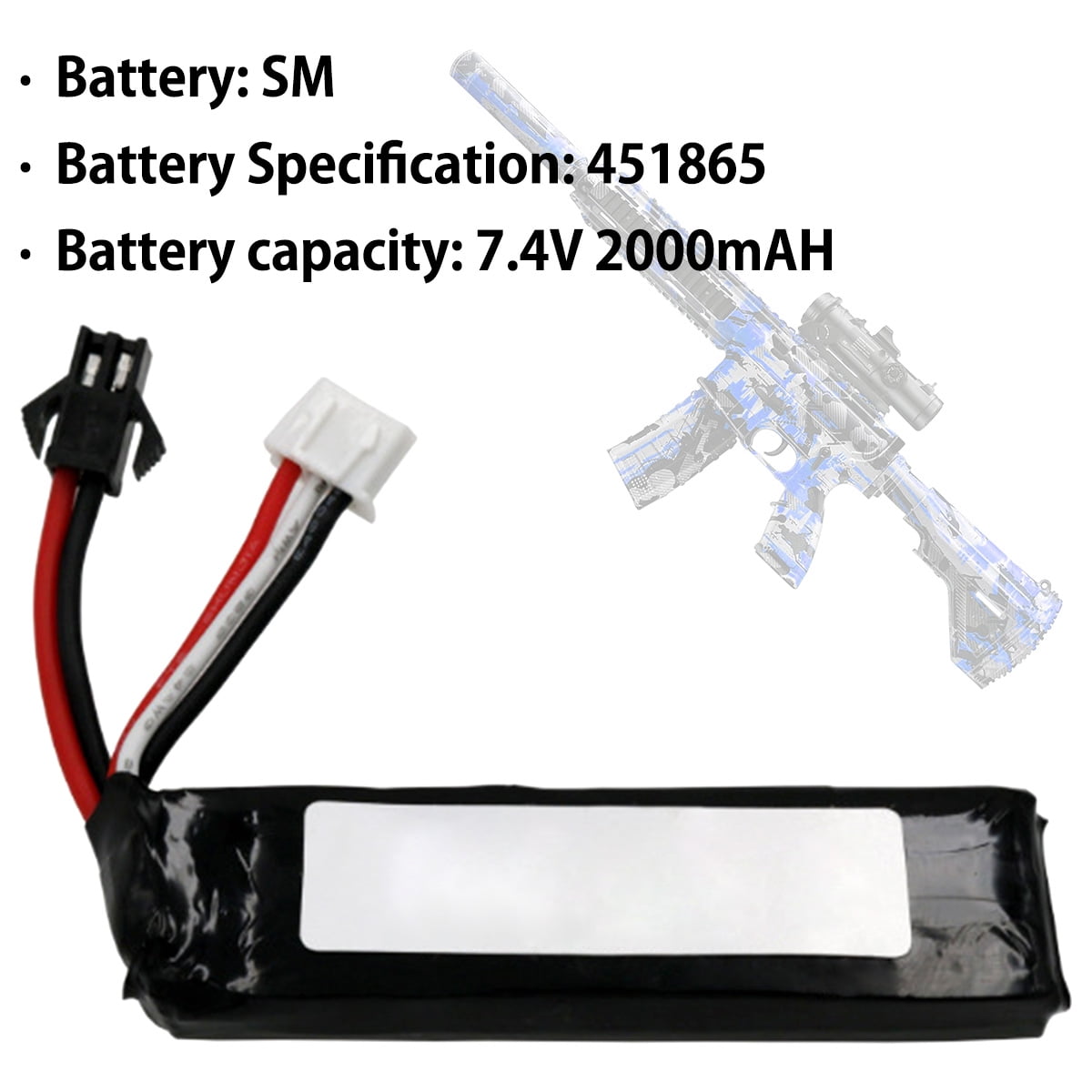 NUAHRHY 7.4V 2000mAH LJ451865 Battery Pack for Electric Water Pistol Polymer Lithium Battery for Electric Water Ball Beads Gel Blaster Pistol Toys Replacement Battery with SM Connector