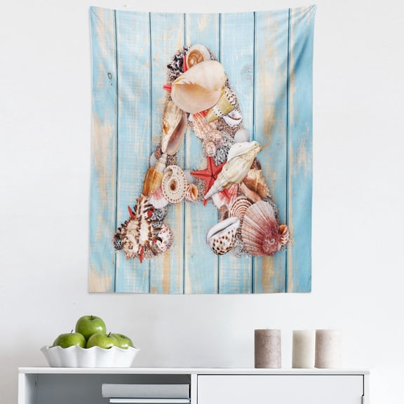 Letter a Tapestry, Letter with Seashells on Pale Wooden Board Invertebratesnimal, Fabric Wall Hanging Decor for Bedroom Living Room Dorm, 5 Sizes, Dark Coral Pale Blue, by Ambesonne