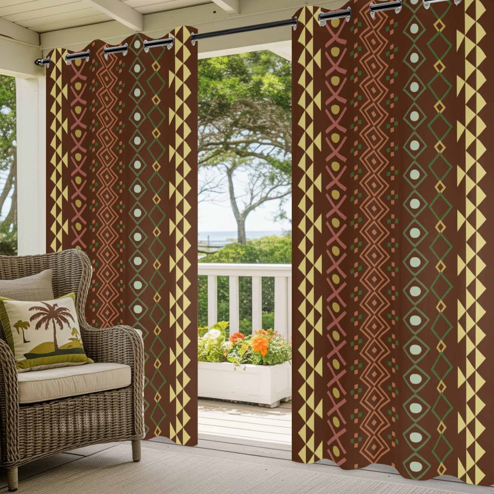 Ethnic Stripes Outdoor Curtains for Patio, Boho Dark Red Yellow Geometric Argyle Dots Sunshade Privacy Drapes Grommet Waterproof Outside Curtains for Porch/Cabana/Balcony 54"x 108", 1 Panel
