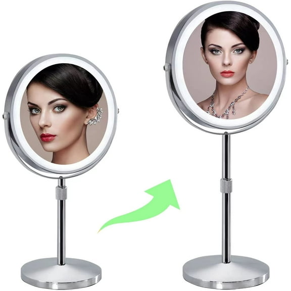 8" Makeup Mirror with Lights,10X Magnifying Vanity Mirror with 3 Color LED Lights,4000mAH Adjustable Height Tabletop Cosmetic Mirror with Rechargeable Double Sided Lighted Mirror,Chrome