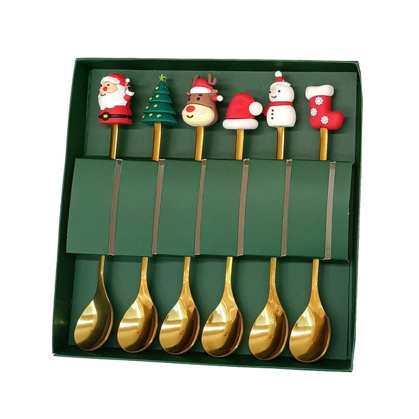 Juego de cucharas navideñas de acero inoxidable con tema de árbol, Papá Noel y estrella. Cucharas para remover café. Utensilios de cocina festivos con caja de regalo