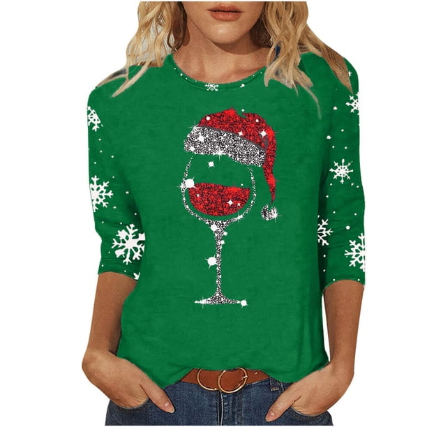 Navidad Mujeres Tops, Manga 3/4 Cuello Redondo Suéter con Impresión de Vacaciones, Camiseta de Manga Larga