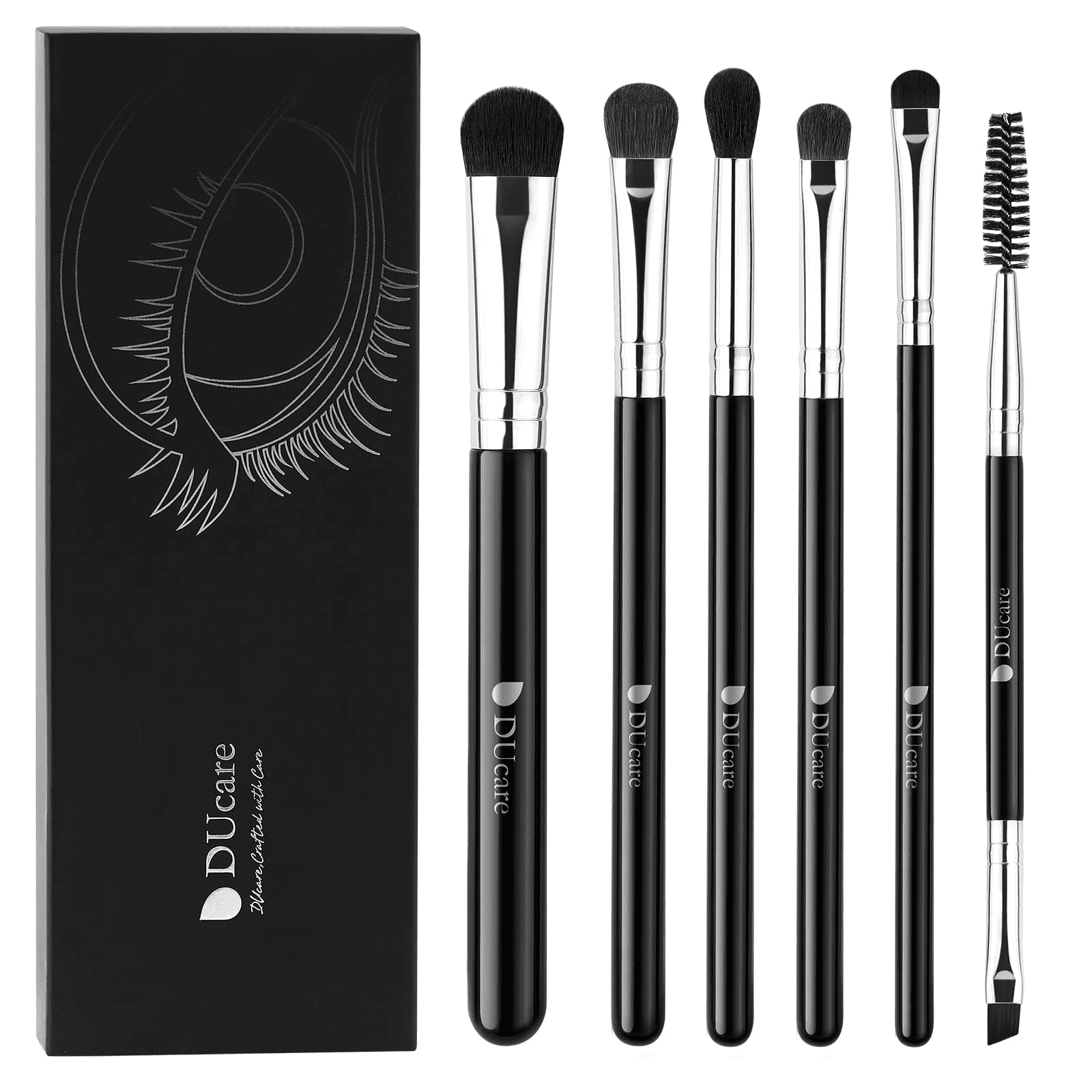 DUcare 6 Piece Angled Eyeshadow and Eyebrow Makeup Brush Set, Synthetic Hair, Black