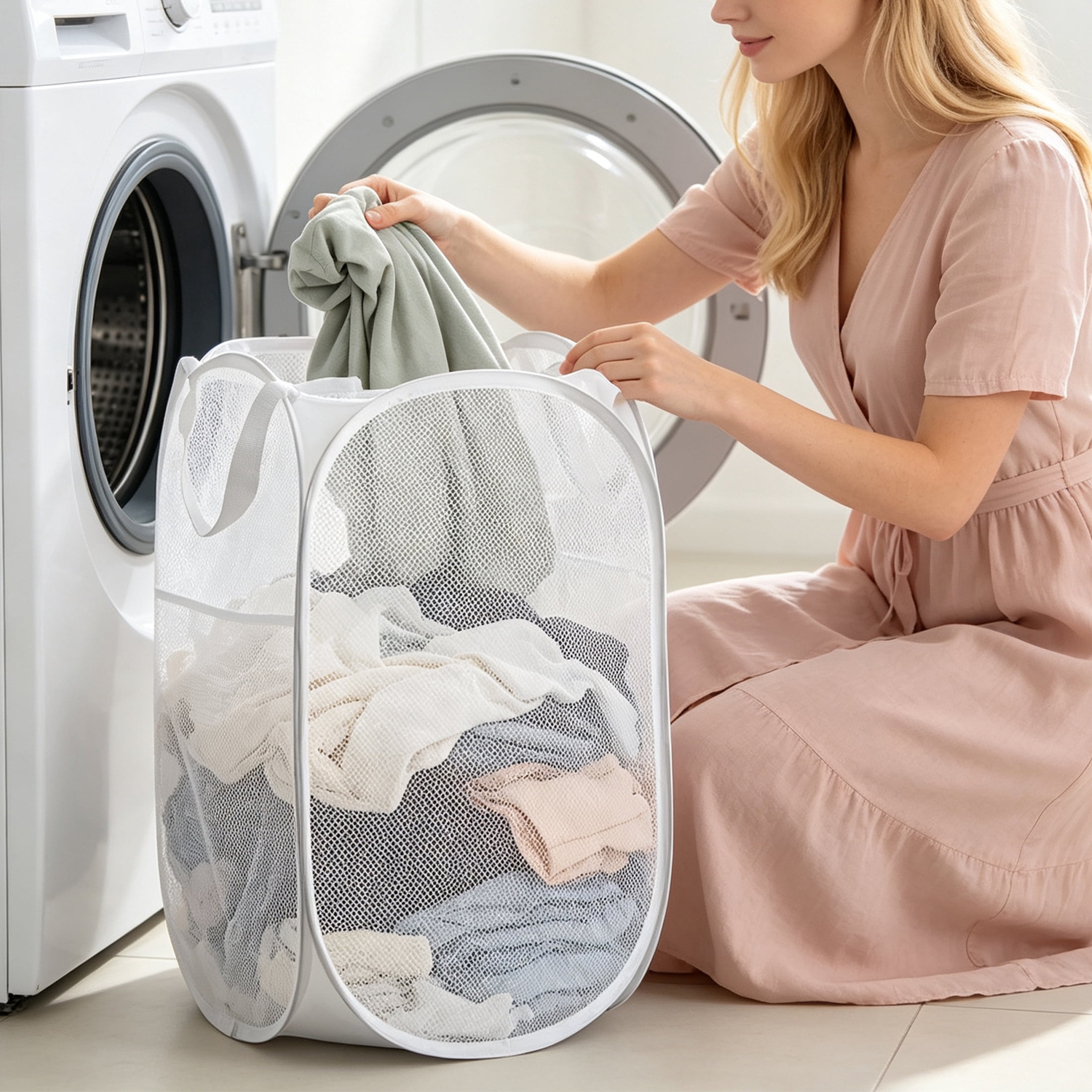 GARITIN Pop Up Mesh Laundry Hamper 3 Pack, Collapsible Portable Foldable Space Saving Clothes Storage Basket, Breathable Dirty Laundry Bin for Dorm Bedroom Bathroom Travel, White