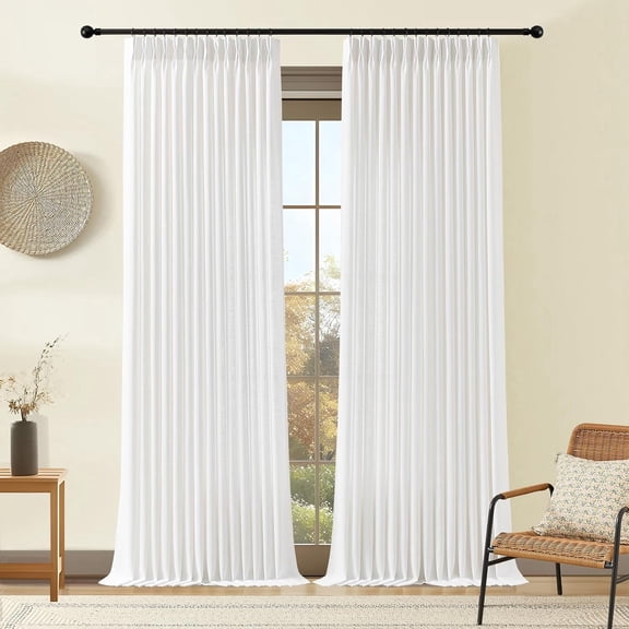 Nalqet 40*108 inch 2 Panels Pinch Pleated Linen Curtains, Light Filtering Linen Blend Sheer Drapes Memory Trained Pleated Curtain Back Tab with Hooks Rings for Living Room Bedroom Office, White