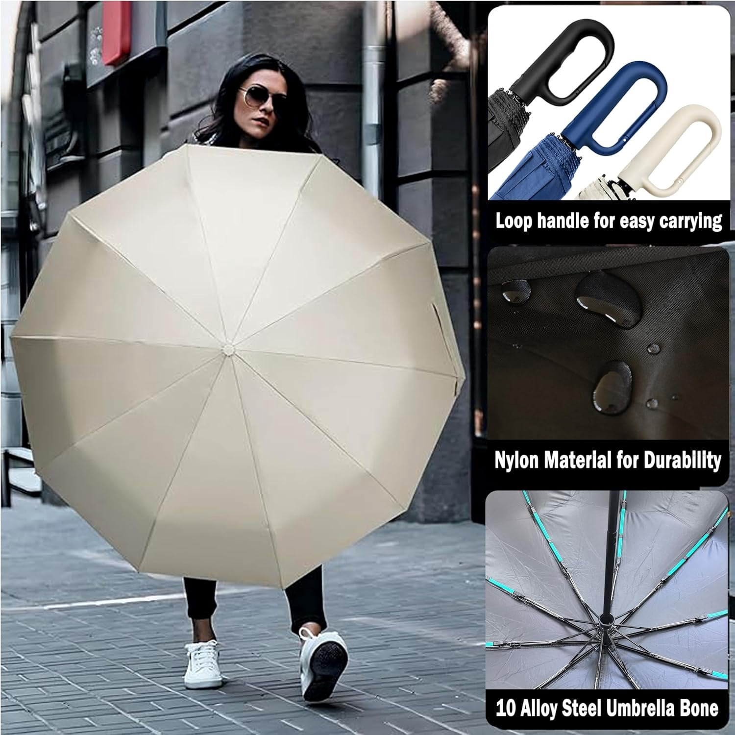 10-Shaft 50-Rib Heavy-Duty Umbrella, Automatic Open/Close with Carabiner Handle, -Weather Wind Resistant & UPF 50+ for Rain and Sun