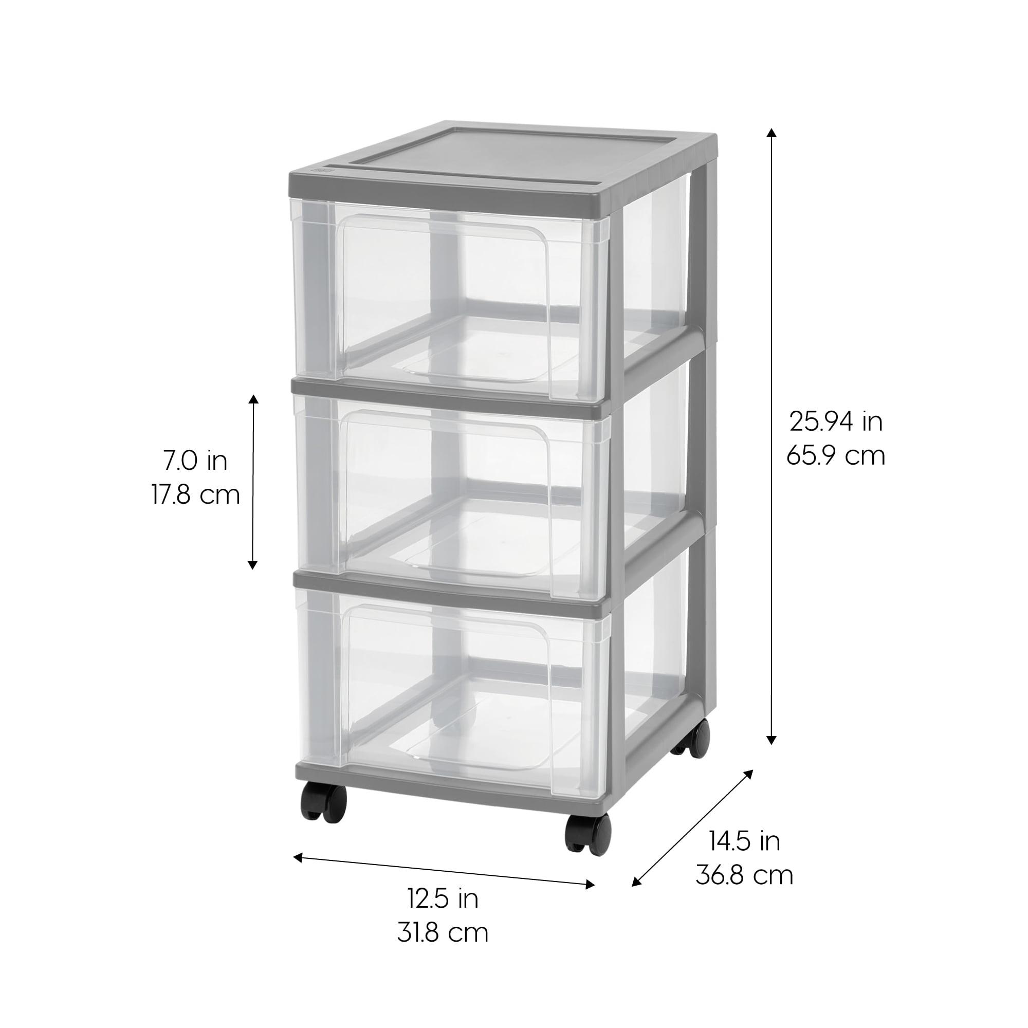 IRIS 3-Drawer Narrow Plastic Storage Drawer Cart, Gray, Set of 2
