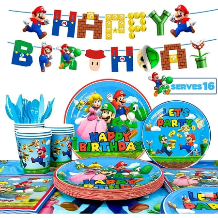 Super Mario Birthday Party Supplies-128pcs Super Mario Tableware Party Supplies Include Mario Party Plates and Napkins Cups Tablecloth&Banner for Boys/Girls Kids Mario Birthday Party Decorations