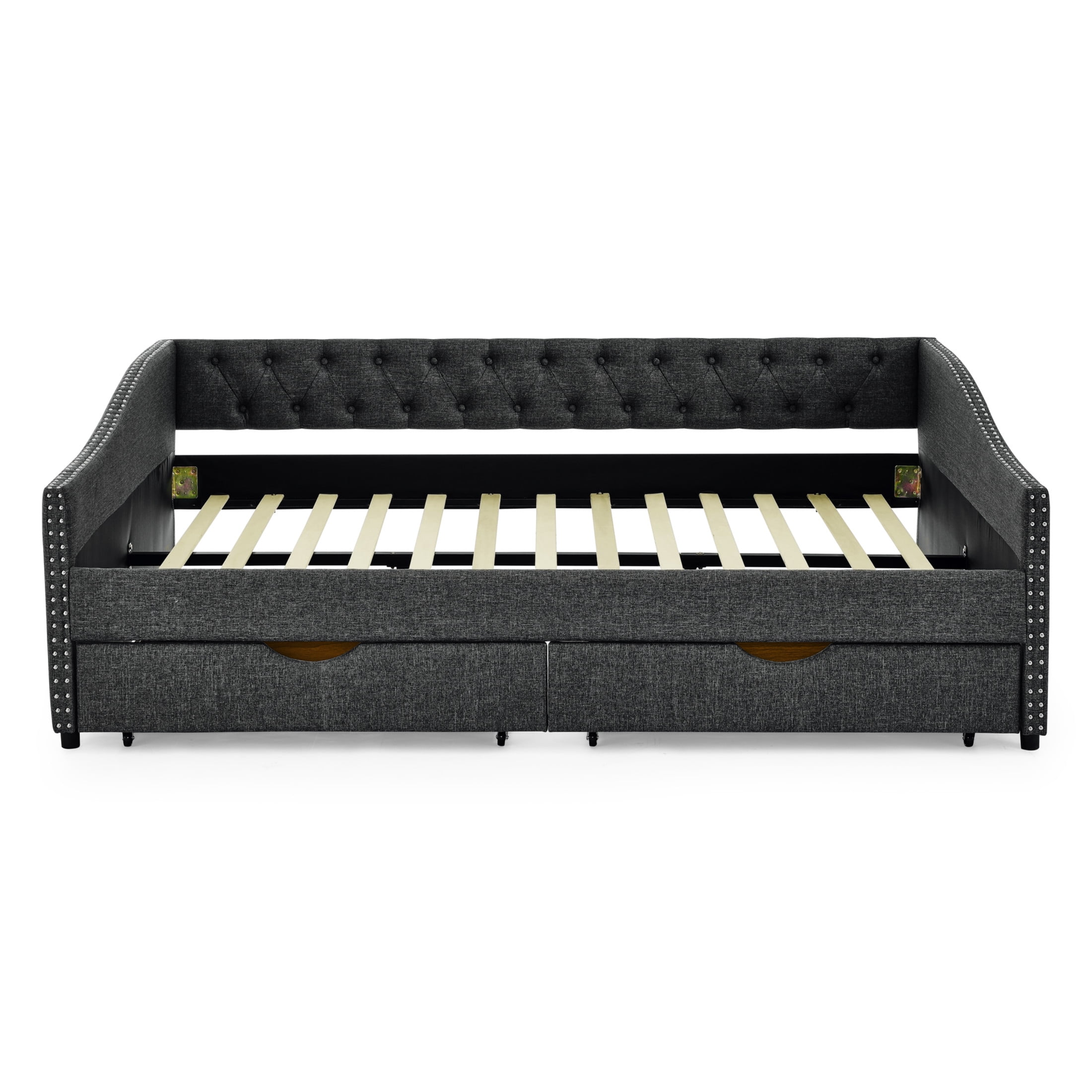 Noble House Queen Size Button Tufted Daybed, Linen Sofa Bed Frame with Storage Drawers and Nailhead Waved Arms, Dark Grey