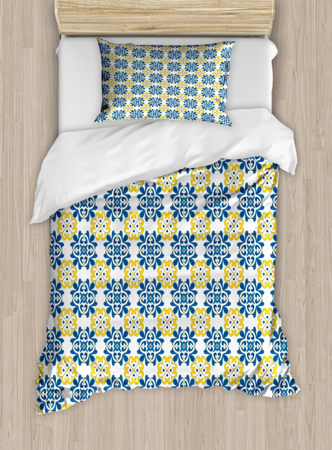 Spanish Duvet Cover Set Twin Size, Traditional Portuguese Tiles Mosaic