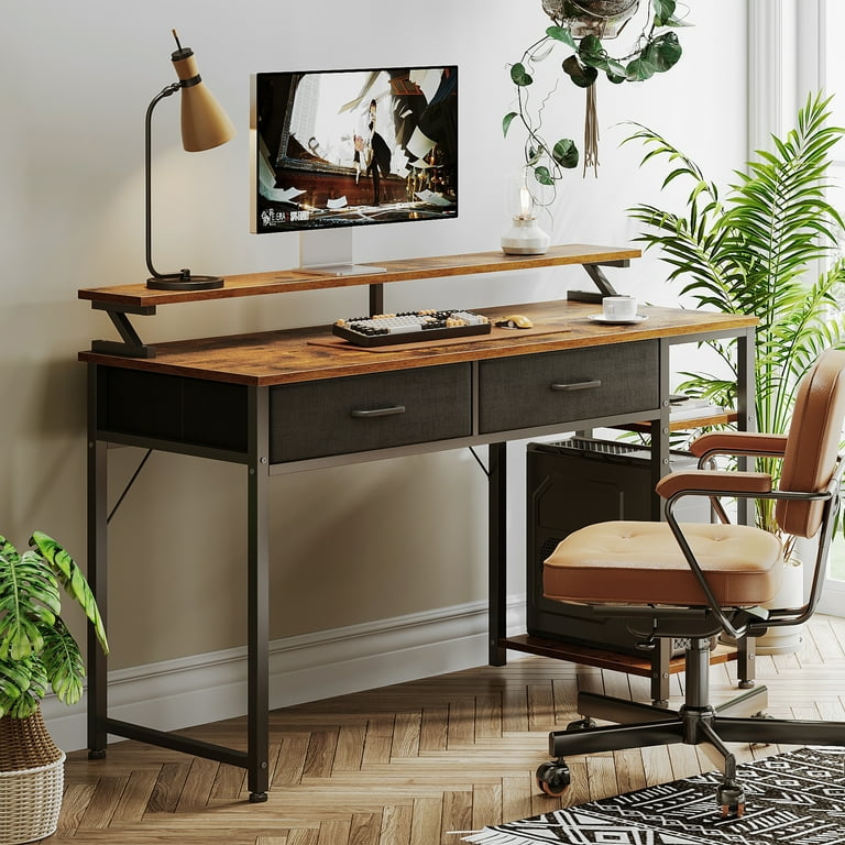 Computer Desk with Drawers and Storage Shelves 48 inch Home Office Desk with Monitor Stand Work Study PC Desk for Small Spaces Rustic Brown