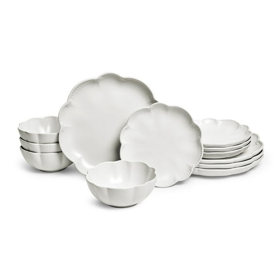 Sango Bethany 12-Piece White Stoneware Dinnerware Set with Scallop Design