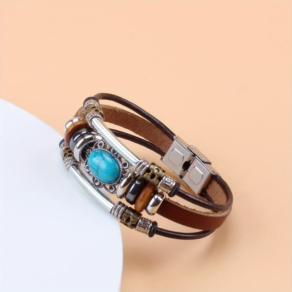 Style Green Turquoise Beads Pu Leather Stainless Steel Buckle Bracelet,Coffee